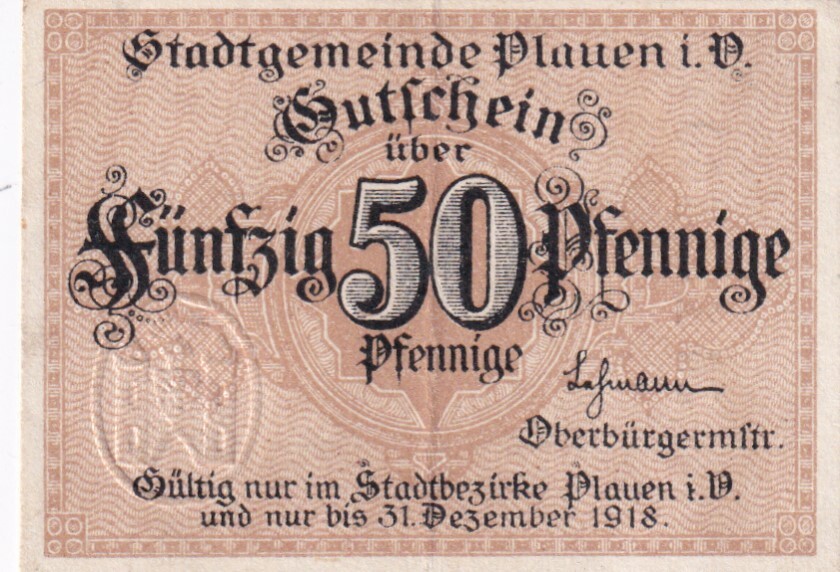 Weimarer Republik Sachsen 50 Pfennige 1918 Plauen Stadtgemeinde