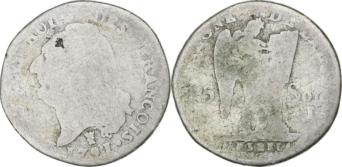 France 15 sols françois 1791 AN 3 Limoges Louis XVI Limoges Argent