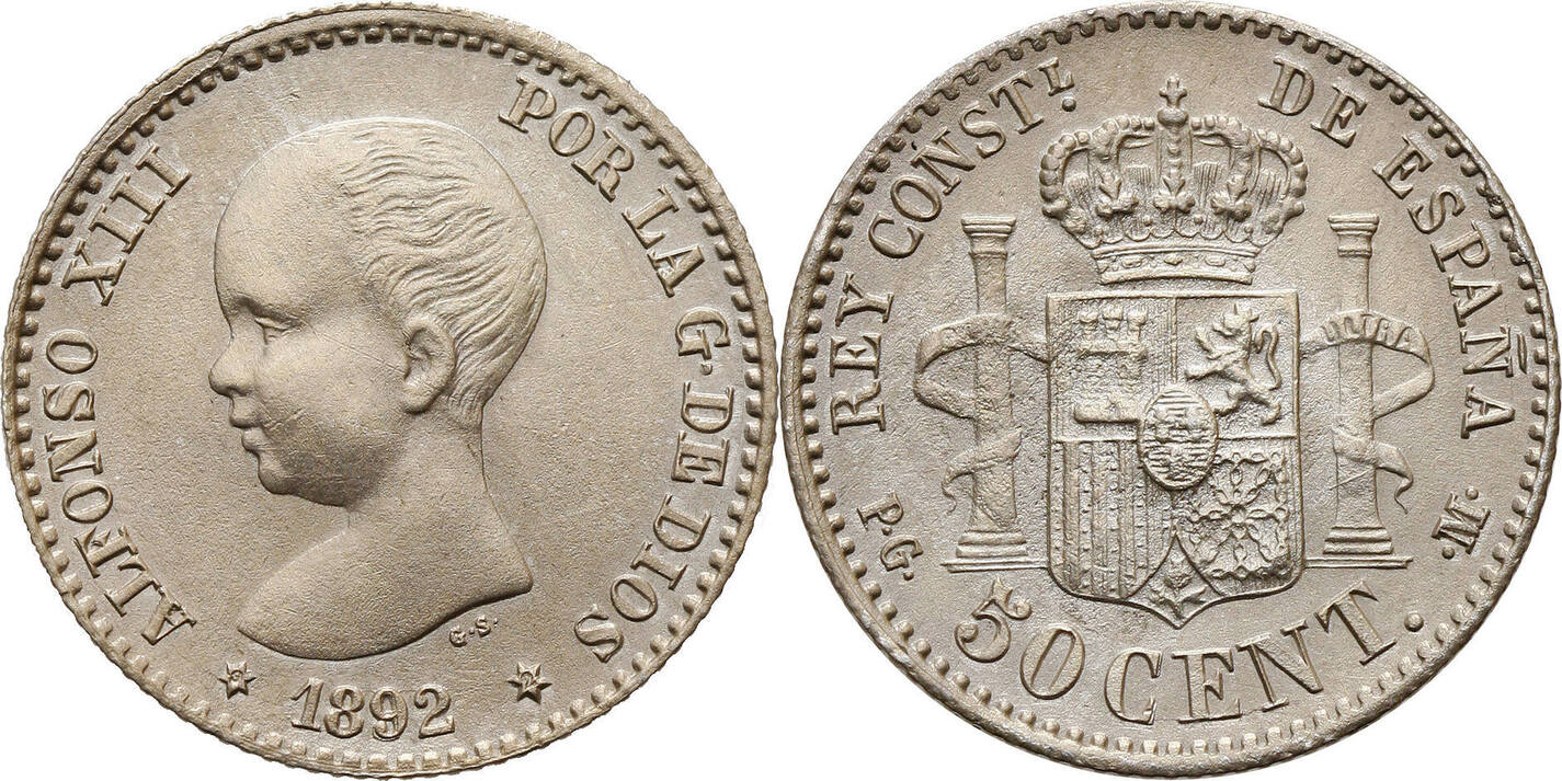 Spain Alfonso XIII 50 Centimos 1892 92 PG M TTB MA Shops