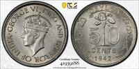 50 CENTS CEYLON SILVER UNC COIN YEAR KM#114 PCGS GRADING MS62 GEORGE VI -