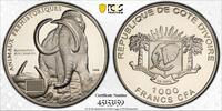 1000 FRANCS IVORY COAST SILVER PROOF COIN YEAR KM6 MAMMOTH FOSSIL PCGS PR68 -