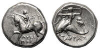 Greek Stater TARENTUM (Calabria) AR Stater. EF-/EF. Horseman - Palanthos/Dolphin. -