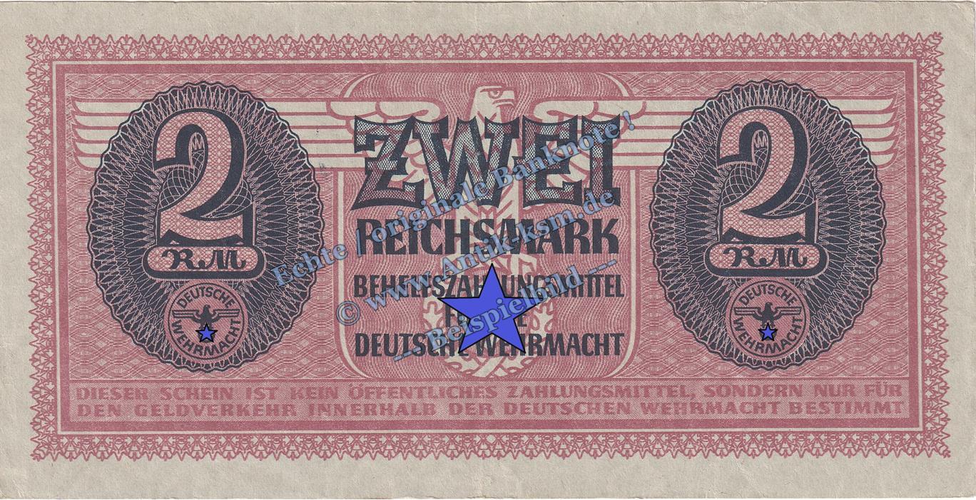 3. Reich - Wehrmacht 2 Mk. o.D. Banknote, 2 Mark Schein in f-kfr. DWM-7 ...