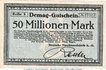 Großnotgeld Inflation 50 Mio Mark Notgeld Maschinenfabrik Duisburg, 50 Millionen Mark Schein in gbr. Keller 1184.g -