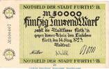 DE 50.000 Mk. Notgeld Stadt Fürth , 50.000 Mark Schein in gbr. Keller 1654.a von 1923 , Bayern -