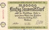 DE 50.000 Mk. Notgeld Stadt Fürth , 50.000 Mark Schein in gbr. Keller 1654.b von 1923 , Bayern -