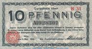 DE 10 Pf. Notgeld Stadt Cöln - Köln , 10 Pfennig Schein in kfr. Tieste 3565.105.40 , 1920 -