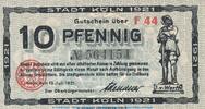 DE 10 Pf. Notgeld Stadt Köln , 10 Pfennig Schein in kfr. Tieste 3565.105.85 , 1921 RHL -