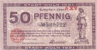 DE 50 Pf. Notgeld Stadt Köln , 50 Pfennig Schein in kfr. Tieste 3565.105.72 , 1921 RHL -