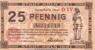 DE 25 Pf. Notgeld Stadt Köln , 25 Pfennig Schein in kfr. Tieste 3565.105.66 , 1921 RHL -
