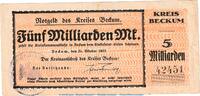 Großnotgeld Inflation 5 Milliarden Mark Notgeld Kreis Beckum , 5 Milliarden Mark Schein in gbr. Topp 62.5 von 1923 , NRW -