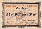 Großnotgeld 5 Mio. Harburg Niemeyer , Banknote 5 Millionen Mark Schein in gbr. Keller 2208.d , NDS -
