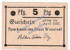 Notgeld De 5 Pf. -44 mm- Wunstorf , Notgeld 5 Pfennig Schein -44 mm- in kfr. Tieste 8145.15.01 , NDS o.D. -