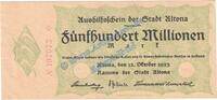 Großnotgeld 500 Mio. Mk. Altona , Banknote 500 Millionen Mark Schein in kfr. Keller 79.g , SH von 1923 -