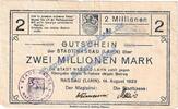 Großnotgeld Inflation De 2 Mio. Mk. Nassau-Lahn , Banknote 2 Millionen Mark Schein in gbr. Keller 3725.e , HE 1923 -
