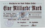 Großnotgeld Inflation De 1 Mia. Mk. Nassau-Lahn , Banknote 1 Milliarde Mark Schein in kfr. Keller 3725.i , HE 1923 -