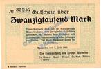 Großnotgeld Inflation De 20.000 Mk. Ahrweiler , Banknote 20.000 Mark Schein in kfr. Keller 20.a.5 , Rheinland 1923 -