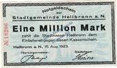 Großnotgeld Inflation De 1 Mio. Mk. Heilbronn , Banknote 1 Million Mark Schein in kfr. Keller 2294 Württemberg 1923 -