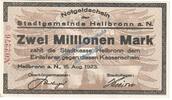 Großnotgeld Inflation De 2 Mio. Mk. Heilbronn , Banknote 2 Millionen Mark Schein in kfr. Keller 2294 WÜR von 1923 -