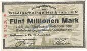 Inflation De 5 Mio. Mk. Heilbronn , Banknote 5 Millionen Mark Schein in L-gbr. Keller 2294 WÜR von 1923 -