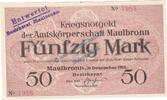 Großnotgeld De. 50 Mk. Maulbronn , Banknote 50 Mark Schein in kfr.E , Geiger 352.04 , Württemberg 1918 -