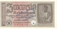 3. Reich - Reichskreditkasse 20 Mk. Banknote , 20 Reichsmark Schein in kfr. ZWK-5, Ros.554, P.139 , Drittes Reich -