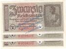 3. Reich - Reichskreditkasse 3 x 20 Mk. -Kn fortl- Banknote , 20 Reichsmark -3 x fortl. KN- in kfr. ZWK-5, Ros.554, P.139 , 3.Reich -