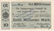 Inflation De 10 Mio. Mk. Limbach , Banknote 10 Millionen Mark Schein in gbr. Keller 3272.d Sachsen 1923 -