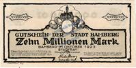 Inflation De. 10 Mio. Mk. -o.KN- Bamberg , Banknote 10 Millionen Mark MUSTER-Schein in kfr. Keller 225.e , BAY -