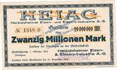 Inflation De. 20 Mio. Mk. Herbolzheim , Banknote 20 Millionen Mark Schein in kfr. Keller 2323.a Baden 1923 -