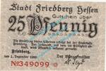 Notgeld De 25 Pf. Friedberg , Notgeld 25 Pfennig Schein in kfr. Tieste 1995.05.15 , Hessen 1920 -