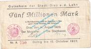 Inflation DE 5 Mio. Mk. Diez , Notgeld 5 Millionen Mark Schein in gbr. Keller 1009.a , Hessen von 1923 -