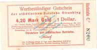 Wertbeständig DE 4,20 Mk. Gold Straubing , 4,20 Gold Mark Notgeld Schein in kfr. Müller 4815.5 , Bayern 1923 -