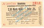 Wertbeständig DE 2,10 Mk. Gold Freiburg i.B. 2,10 Gold Mark Notgeld Schein in kfr. Müller 1785.4.c , Baden o.D. -