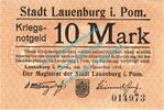 Großnotgeld 1918 10 Mk. Lauenburg , Notgeld 10 Mark Schein in kfr. Geiger 310.02.a , Pommern von 1918 -