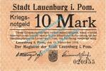 Großnotgeld 1918 10 Mk. Lauenburg , Notgeld 10 Mark Schein in gbr. Geiger 310.02.a , Pommern von 1918 -