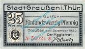 Notgeld DE 25 Pf. Greussen , Notgeld 25 Pfennig Schein in kfr. Tieste 2455.05.05 , Thüringen 1920 -