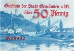 Kleingeld 1914-1922 50 Pf. Gemünden , Notgeld 50 Pfennig Schein in kfr. Tieste 2170.05.30 , Bayern o.D. -