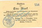 Notgeld 1914/15 1 Mk. Geising , Notgeld 1 Mark Schein in kfr. Diessner 115.1.a , Sachsen von 1914 -