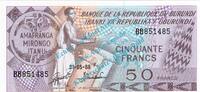 Burundi 50 Francs Banknote Burundi - Burundi , 50 Francs Schein -Trommeln li.- von 1988 in unc -