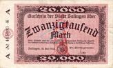 Inflation DE 20.000 Mk. Solingen , Banknote 20.000 Mark Schein in gbr Keller 4809.a , Rheinland 1923 -