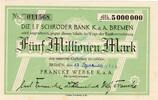 Inflation 1923 DE 5 Mio. Mk. Bremen , Banknote 5 Millionen Mark Schein unc-kfr. Keller 585.e , NDS von 1923 -
