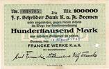 Inflation 1923 DE 100.000 Mk. Bremen , Banknote 100.000 Mark Schein unc-kfr. Keller 585.b , Niedersachsen 1923 -
