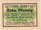 Kleingeld 1914-1922 10 Pf. Leipzig , Notgeld 10 Pfennig Schein in unc-kfr. Ti.3980.115.01 , Sachsen o.D. Ve -