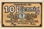 Kleingeld 1914-1922 10 Pf. Lieberose , Notgeld 10 Pfennig Schein in unc-kfr. Ti.4065.05.10 , Bbg von 1920 -