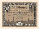Kleingeld 1914-1922 50 Pf. Schwabach , Notgeld 50 Pfennig Schein unc-kfr. Ti.6715.10.20 , Bayern 1918 Verke -