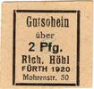 Kleingeld 1914-1922 2 Pf. Fürth , Notgeld 2 Pfennig Schein unc-kfr. Ti.2080.065.02 , Bayern o.D. Verkehrsa -