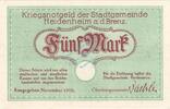 Großnotgeld 1918 DE 5 Mk. Heidenheim , Banknote 5 Mark Schein unc-kfr. Geiger 227.01.b , Würrtemberg 1918 -