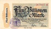 Inflation 1923 DE 5 Bio. Mk. Saulgau , Banknote 5 Billionen Mark Schein unc-kfr. Keller 4726.L , Württemberg -
