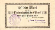 Inflation 1923 DE 100.000 Mk. Burscheid , Banknote 100.000 Mark Schein L-gbr. Keller 696.j , Rheinland 1923 -